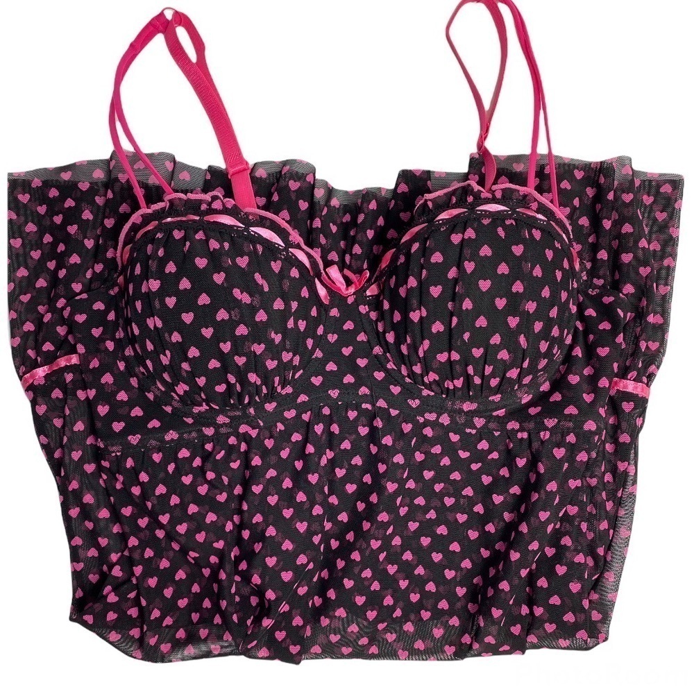 Barbie Per Lei Vintage Y2K Heart Print Black Pink Sheer Lingerie Babydoll Teddy